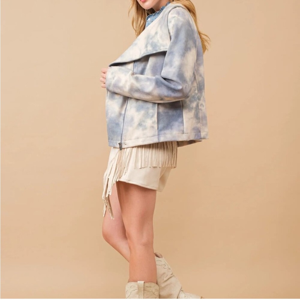 New blue b Cream & Light Navy Tie Dye Shawl Collar Moto Jacket Crop Jacket S - Picture 4 of 4